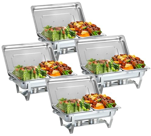 EVGTTI 9L Chafing Dish, Stainless Steel Food Warmers Set with Half Size Pans and Fuel Holders, Rectangular Caterings Parties Buffet Server Warming Tray (Silver) (4 Packs)