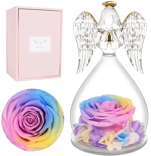 Miofula Ewige Rose Engel Figur Geschenke für Frauen, Geburtstagsgeschenk für Mama, Ewige Blume Engel Glaskuppel, Echte Rose Geschenke für Mutter Oma Freundin zum Weihnachten Valentinstag Muttertag
