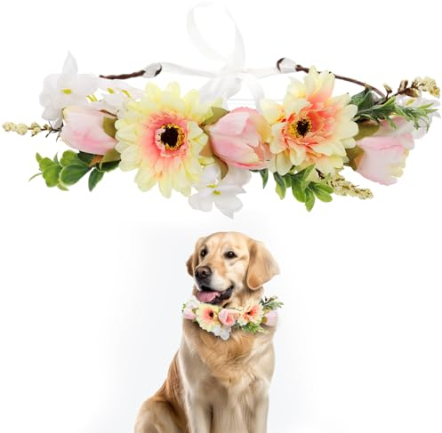 Hunde Hochzeitsblumenhalsband, Hundehochzeitskranz Schleife Haustier Blumenhalsband Blumenkranz Florale Hundekleidung Foto Requisiten Ring für Hunde Haustier Hochzeitsdekoration