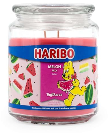 Haribo Große Duftkerze im Glas mit Deckel | Melon Mix 510g | Duftkerze Fruchtig | 2 Dochte | Brenndauer bis 100h | Geschenkidee für Frauen | Fruchtiger Raumduft
