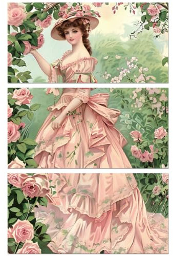 Peacoblue Pink Rub on Transfers for Crafts 3Pcs Garden Woman 15cmx30cm, UV DTF Waterproof Baroque Furniture Transfer for Chest of Drawer Dresser Glass Porcelain Wood Plastic