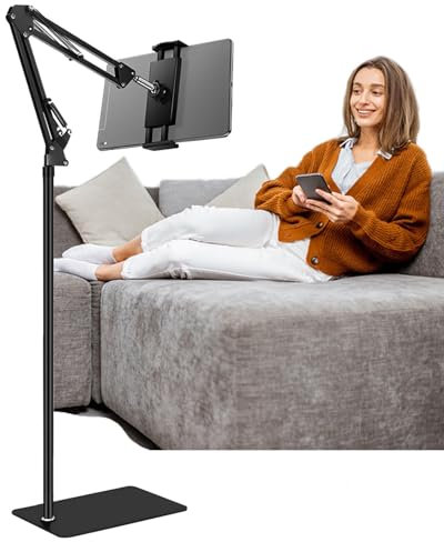 iPad Tablet Floor Stand, Overhead Phone Mount - Adjustable Angle Height Stretchable Arm Swivel Kindle Holder, Compatible with iPad Mini Air Pro Kindle Switch Cell Phones 4.7''-13'' Screen Devices