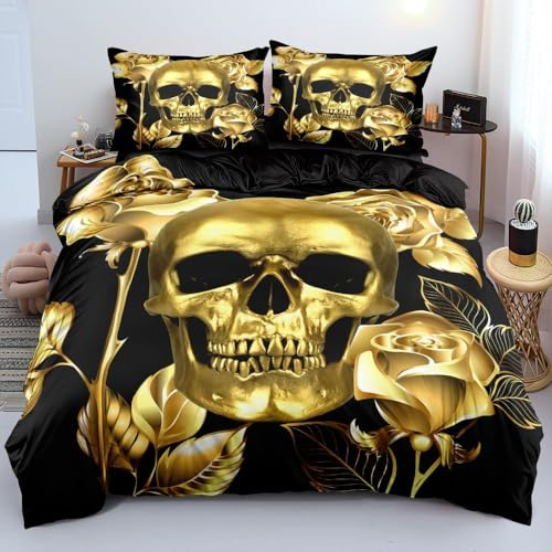 Luofanfei Totenkopf Bettwäsche 200x200 Skull Gothic 3D Schwarz Gold Schädel Motiv Wende Bettwäsche Set Halloween Horror Muster Microfaser Gedruckt Bettbezug mit Reißverschluss