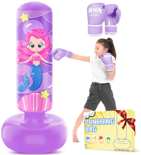 JUOIFIP Sac de Frappe pour Enfants, Grand Sac de Frappe Gonflable de 168cm avec Gants de Boxe, Cadeau pour Les Filles pour Enfants, Ensemble de Boxe pour Pratiquer Le Karaté, Le Taekwondo, Le MMA