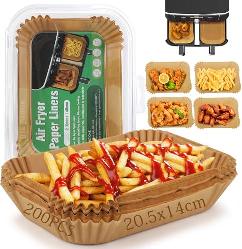 Papier Cuisson pour Ninja Air Fryer, 200 Pièces 20,5x14cm Rectangulair Paper Liners Friteuse Sans Huile Accessoires Compatible avec Ninja Foodi AF300EU / AF400EU Accessoire pour Dual Zone Air Fryer