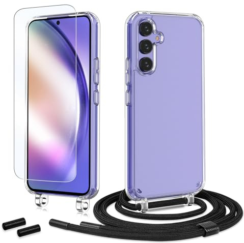 Anshow Handykette für Samsung Galaxy A56 Hülle mit Band + 1 Schutzfolie, Robust Necklace Extrem Stoßfest Handyhülle Samsung Galaxy A56 Case Transparent Schutzhülle zum Umhängeband Abnehmbar, Schwarz