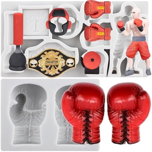 Sijiangmold Boxing Sports Silicone Mould Glove Belt Fondant Mould Set of 2 | Boxer Helmet Cake Decoration Chocolate Cupcake Topper Candy Polymer Clay Gum Paste