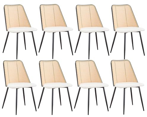 JZGORC 8er Set Modernes Esszimmerstuhl, Rattan-Geflecht-Rückenlehne, Körniger Plüschsitz, Schwarzer Metallrahmen, Kann als Küchenstuhl, Wohnzimmerstuhl Verwendet Werden