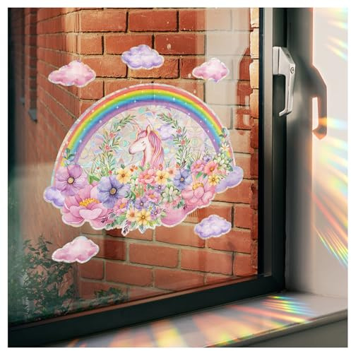 Suncatcher Sticker, Regenbogen Fensterbilder Kinder, Einhorn Prisma Fensteraufkleber, Wiederverwendbar Vogel Anti Kollisions Fenster Aufkleber, Regenbogen Folie Fenster Kinderzimmer Mädchen (MX-1)