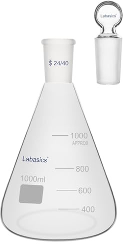 Labasics Borosilicate Glass Erlenmeyer Flask with 24/40 Joint Stopper, Conical Flask for Laboratory Reagent Mixing, and Storage, 1000 ml