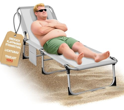 QEENTOE Faltbare Sonnenliege mit Gesichtsöffnung | Ultraweiches Nackenkissen & praktische Seitentasche | Schnellverstellung in 4 Positionen mit Tragegriffen für Sonnenbaden & Urlaub Hellgrau