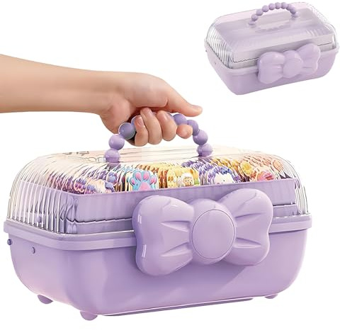 Bssowe Haargummi Aufbewahrungsbox mit Griff, 3 Etagen für Kinder, Lila | Organizer für Haarspangen und Haarschmuck, Vielseitig auch für Nähzubehör Geeignet
