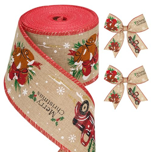jijAcraft Merry Christmas Wired Ribbon: 6.4CM Wide Xmas Burlap Ribbon with Bell Car, 10M Xmas Wired Hessian Ribbons for DIY Crafts, Christmas Tree, Wreath Decoration