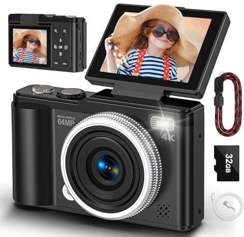 Digitalkamera, 4K 64 MP Kompakt-Digitalkamera mit Autofokus und Makrofunktion, 180°-Klappbildschirm, tragbare Selfie-Kamera für Fotos und Videos mit 32 GB SD-Karte für Anfänger und Jugendliche