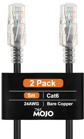 Tecmojo Cat6 Ethernet Cable 5m 2Pack, 24AWG Pure Copper (OFC) UTP RJ45 Network Patch Cord, 1Gbps 250MHz LSZH Jacket for Router Modem Switch Patch Panel,Black