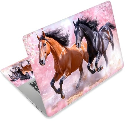HGGJFLYX Universal Laptop Skin Sticker Decal,15.6 Inch Laptop Vinyl Cover for 13 14 15.6 Laptop,Scratch-Resistant Waterproof Protector Wrap,Reusable with Wrist Pads,Cherry Blossom Horses