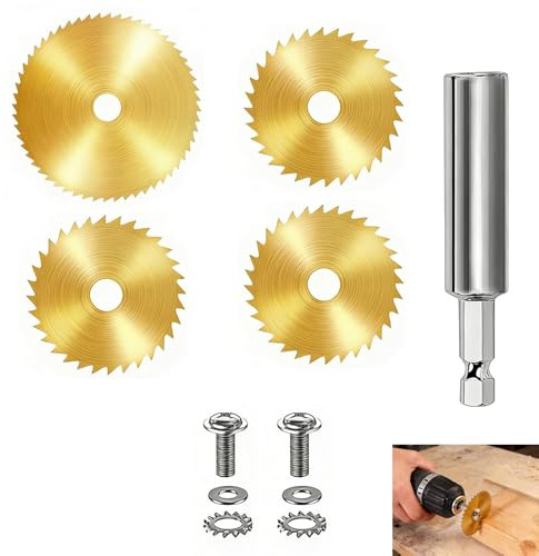 7 Pack Rotary Drill Saw Blades, Drill Saw Blades Set, 1/4 Inch Hex Shank with Titanium Coated HSS Circular Cutting Blade for Electric Drill Rotary Tool, Wood, Soft Metal Cutting Attachment Kit