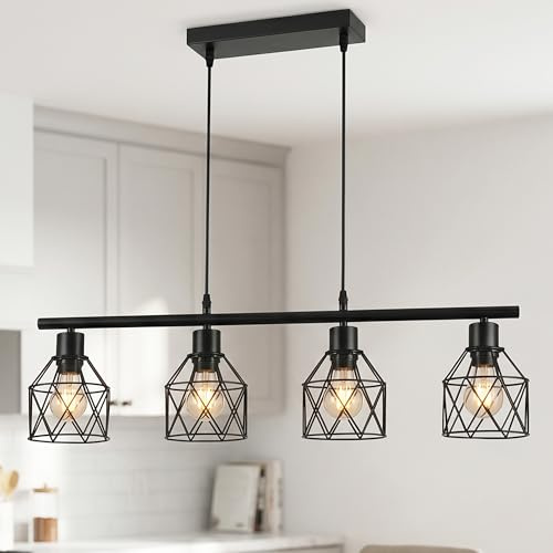 SXHZLY Pendelleuchte Esstisch 4-Flammige, Industrielles Retro Hängelampe Schwarz,Höhenverstellbar Metall Deckenlampe Esszimmer, E27 Fassung, Einfache Montage