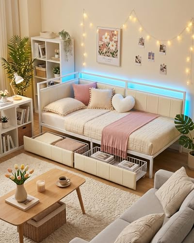 Xinyvee Jugendbett 90 x 200 cm, Schlafsofa Tagesbett mit Stauraum, Polsterbett mit gepolstertem Kopfteil, Bettgestell aus Metall, Weiß/Beige, Samt