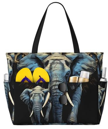 DJNGN Zwei Elefanten auf schwarzem Hintergrund. Zwei Elefanten Strandtaschen für Damen. Große, wasserdichte und sanddichte Strandtasche. Leichte Tragetasche für Fitnessstudio, Reisen und Urlaub.