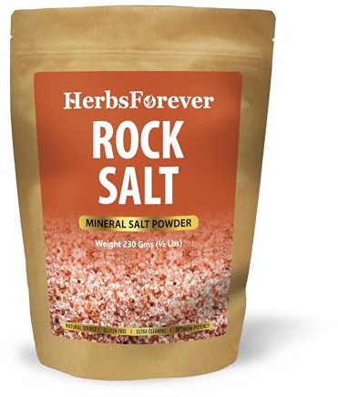 HerbsForever Himalayan Rock Salt Powder- Essential, trace minerals rich, Flavoring, seasoning meats & vegetables, Natural Food Preservative, Mined underground Natural Deposits, Vegan 230 Gms, ½ LB