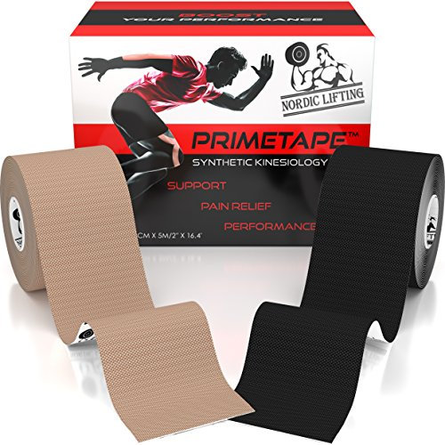Nordic Lifting Kinesiologie Tape (2er-Pack) PrimeTape - Professionelles Sport- & Athletik-Taping für Knie, Schulter und Muskeln - 2 X 16.4' pro Rolle ungeschnitten (Schwarz + Beige)