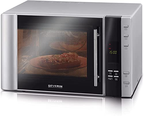 SEVERIN 3-in-1 Mikrowelle mit Grill und Heißluftfunktion, Minibackofen mit 10 Automatik-Programmen, multifunktionale Mikrowelle mit Drehteller und Grillrost, silber/schwarz, MW 7825