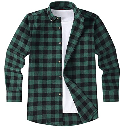 Mens Lumberjack Shirt Flannel Plaid Check Casual Overshirt Jacket Style Buffalo Tartan in 2 Styles The Madras Pure Cotton or The Kew Plaid Cotton Rich British Feel & Styling. Green, XL