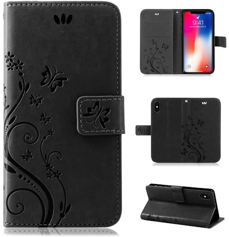 betterfon Hülle Kompatibel mit Apple iPhone X | Premium PU Leder Handyhülle Wallet Case für iPhone X | Schutzhülle Blumen Klapphülle Handyhülle | Schwarz