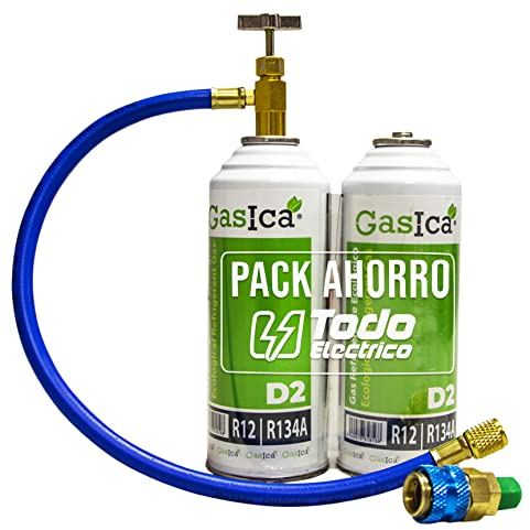 Todoelectrico - Pack Gas refrigerante orgánico Gasica D2 Sustituto R12/R134A con Manguera recarga para aire acondicionado