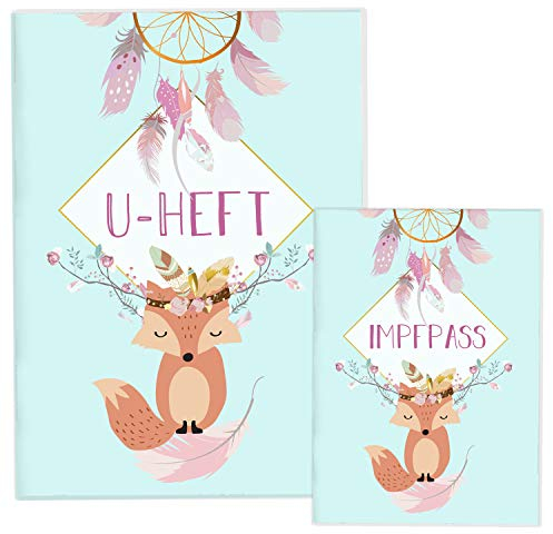 Cozy Racoon U-Heft- und Impfpasshülle | 3- teiliges Set | Hochwertige Hülle für Untersuchungsheft und Impfpass Deines Kindes | Design Boho Fuchs Blau (ohne Personalisierung)