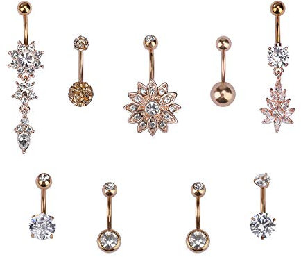 MengH-SHOP Lot de 9 piercings de nombril en acier chirurgical avec boules - Or rose