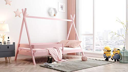 WFL GROUP Lit Cabane Tipi Enfant 90x190 Cm en Bois Massif Rose – Lit Montessori avec Barrière De Sécurité – pour Fille Et Garçon – Pin Naturel