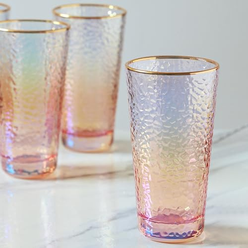 G Decor Set of 4 Handmade Iridescent Pearl Hammered Tumbler Glasses with Gold Rim 350ml