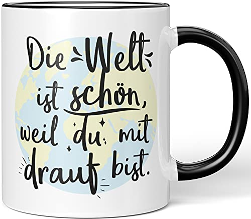 JUNIWORDS Tasse, Die Welt ist schön, Weil du mit Drauf bist, Wähle Farbe, Schwarz