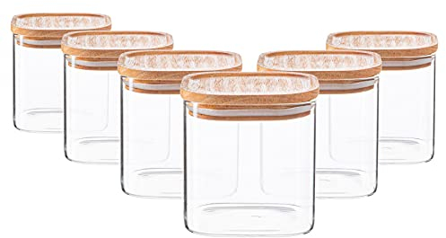 Argon Tableware Square Glass Storage Jars with Airtight Wooden Lids - 680ml - 6 Pack - Modern Kitchen Container Preserving Jars for Pickling, Chutney, Jam, Coffee, Olives, Sugar, Spices