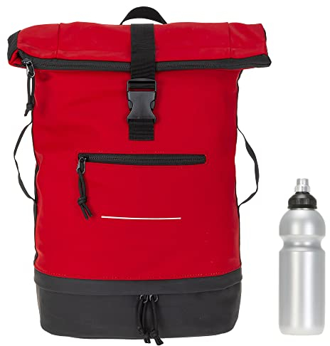 Elephant Rucksack Herren Damen Plane Time Bag COMP Fahrradrucksack Kurierrucksack Roll-Top A4 mit Laptopfach, Bodenfach 12823 + Flasche (Bi Color RS (rot-schwarz))
