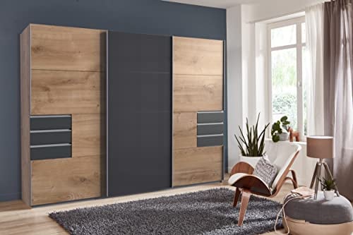 möbelando Schwebetürenschrank Kleiderschrank Schiebetürenschrank Schrank Susanetta II Plankeneiche/Graphit