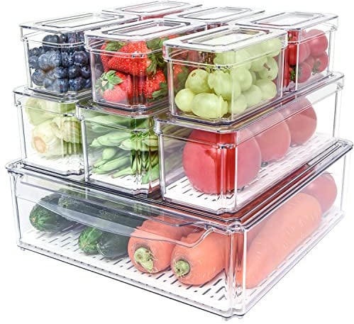 Pomeat 10 Pack Fridge Organizer, Stackable Refrigerator Bins with Lids, BPA-Free Produce Fruit Storage Containers for Fridge, Clear for Food, Drinks, Vegetable