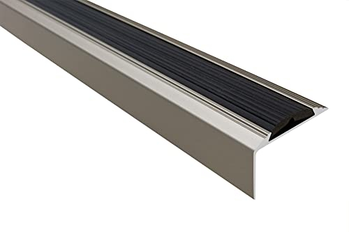 Effector Treppenkantenprofil mit Antirutschbelag, 180 cm, 46x29 mm, INOX Edelstahlfarben, Aluminium Bodenübergangsprofil zum Schrauben, Übergangsleiste, Treppenkantenschutz, Anti Rutsch Aluwinkel