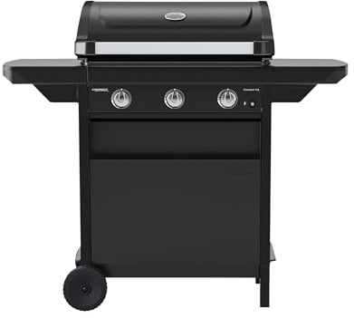 Campingaz Barbacoa de gas compacta de 3 litros | Carro compacto para parrilla de gas con tapa de 3 quemadores de acero aluminizado con termómetro, bandeja de grasa y 2 estantes laterales plegables |