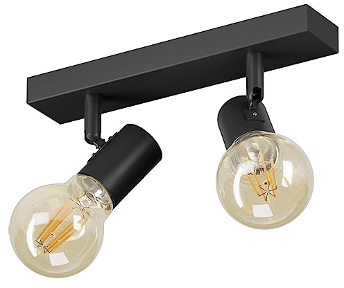 K-Bright Deckenstrahler 2 Flammig, Deckenleuchte Strahler Schwenkbar, Vintage Deckenlampe E27, Spotleuchte Drehbar Deckenspots für Wohnzimmer, Schlafzimmer,Schwarz,Ohne Leuchtmitte