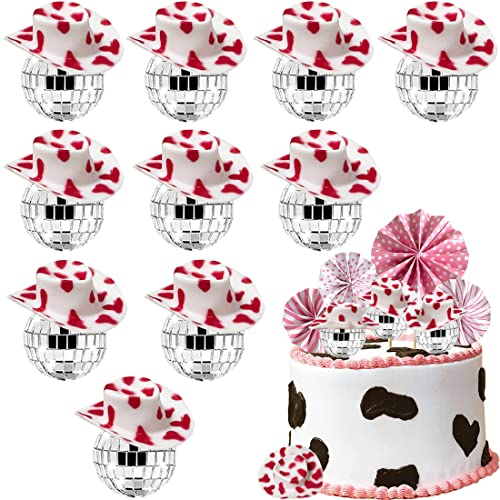 YGCHEN Discokugel Tortendeko Cowboy Kuchen Dekoration Papierfächer Kuchen Deko Disco Ball Cake Topper Geburtstag Kuchendeko Western Cowgirl Hut Geburtstagsparty Spiegelkugel Deko (Rosa)