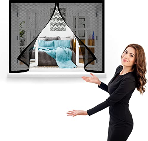 Magnet Fliegengitter Fenster 165 x 115 cm, Insektenschutz mit Starkem Klettband, vollmagnetisch, schließt automatisch für Windows/Wohnzimmer Fenstern, Schwarz