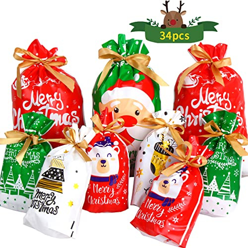 DERAYEE Christmas Drawstring Gift bags, 34 Pieces Xmas Goody Bags Assorted Wrapping Bags for Party Favors