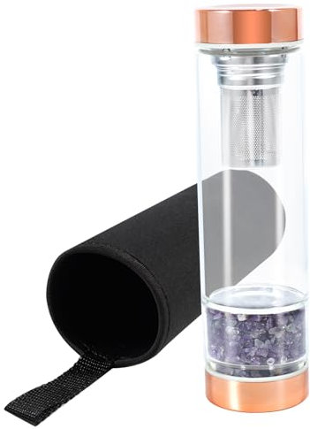 soulnioi Healing Crystal Glass Water Bottle, Natural Gravel Gemstone Crystal Water Bottle Healing Glass Bottles with Tea Strainer&Protective Cup Cover, for Spiritual Healing (Amethyst)