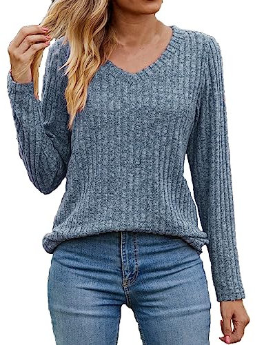 AMhomely Ladies Tops Sale Clearance Womens Casual Fall Sweater Long Sleeve Sweatshirts Tops Ribbed Knit Jumpers Loose V-Neck Baggy Slouchy Pullover Sweaters Basic Underwear, XL, 01* Blue