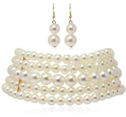 fdsmall Collana girocollo con 5 file di perle finte placcate al rodio, elegante collana da donna con ciondolo per matrimonio, collana girocollo con perline per feste con orecchini, bianco, Perle