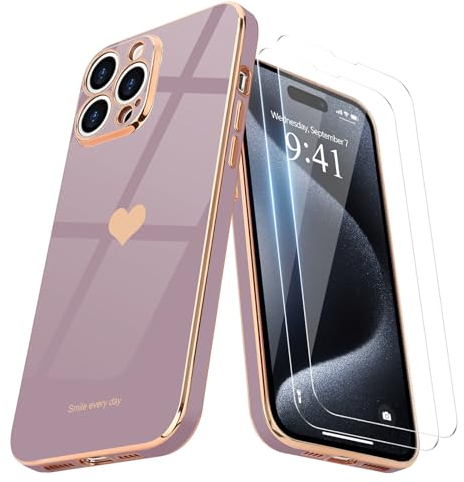 Teageo for iPhone 15 Pro Case with 2 Screen Protector Heart Pattern for Women Girls Luxury Bling Plating Soft TPU Anti-Scratch Shockproof Bumper Phone Case for iPhone 15 Pro, Lavender