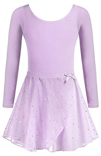 Arshiner Ballettkleidung Mädchen Ballettkleid Baumwolle Ballett-Outfit Balletttrikot Tanztrikot langärmlig Gymnastikkostüm Tanzkleidung mit Chiffon Rock Tütü Lila 120